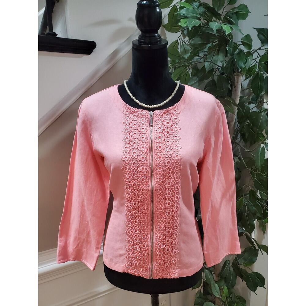 Ruby Rd. Women Pink Lace Floral Linen Long Sleeve Casual Full Zip Jacket Size 12